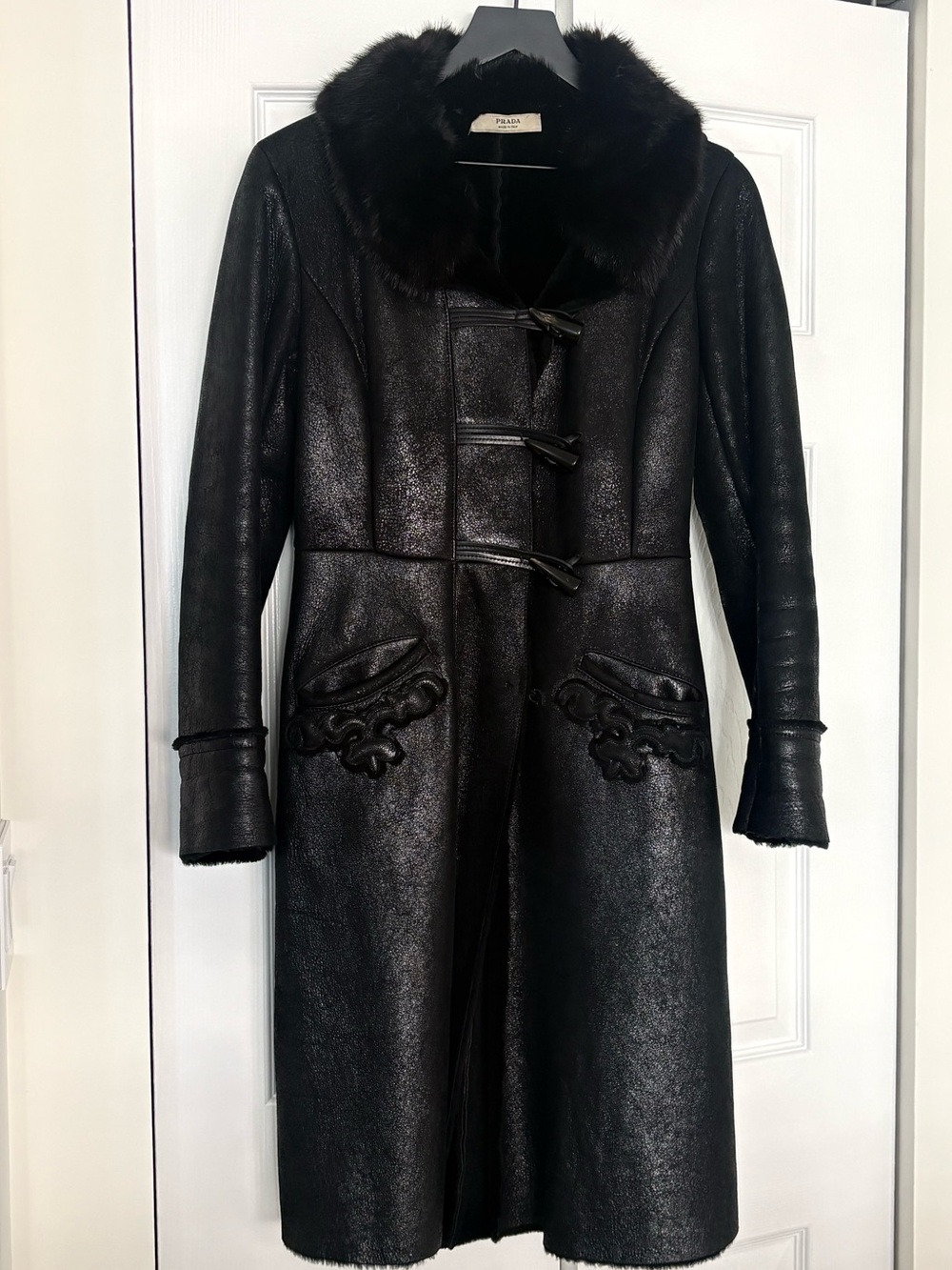 PRADA Black Shearling Leather Coat Mink Fur Collar Toggle Italy Size 38 XS